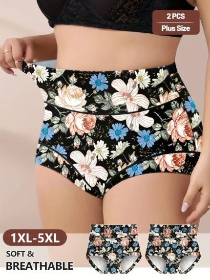 2-Pack High-Waist Panties Plus Size Women'S Underwear Tummy Control Butt Lifting Printed Pattern Comfortable Fit Black
