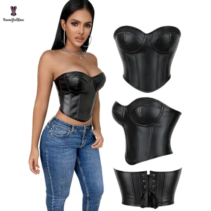 Size S-xxxl Gothic Vintage Women's Black Steam Punk Vest Tank Faux Leather Corset Crop Top Bra Bustier With G String
